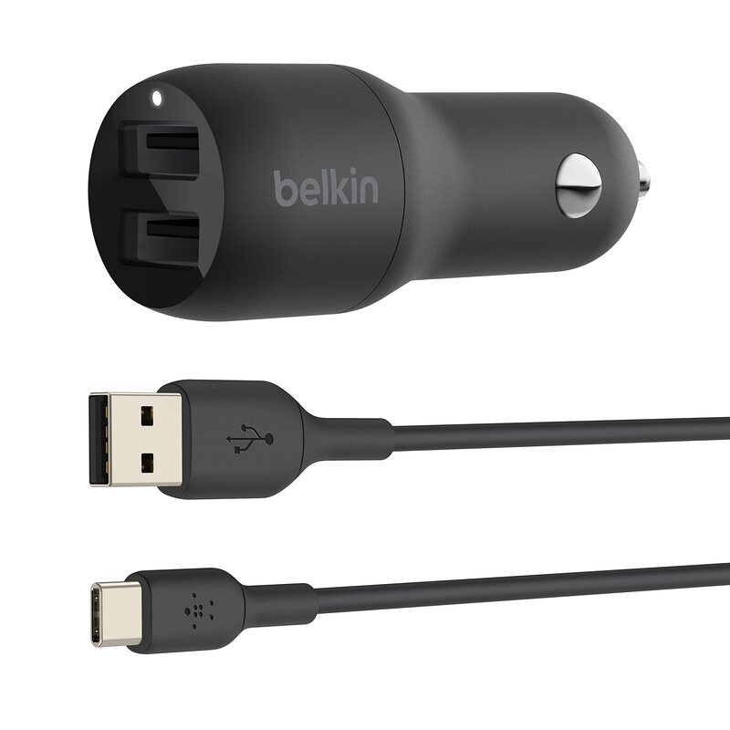 

Belkin BOOST CHARGE Dual USB A Car Charger, with 24W + USB A to USB C Cable, CCE001bt1MBK, Black, Black