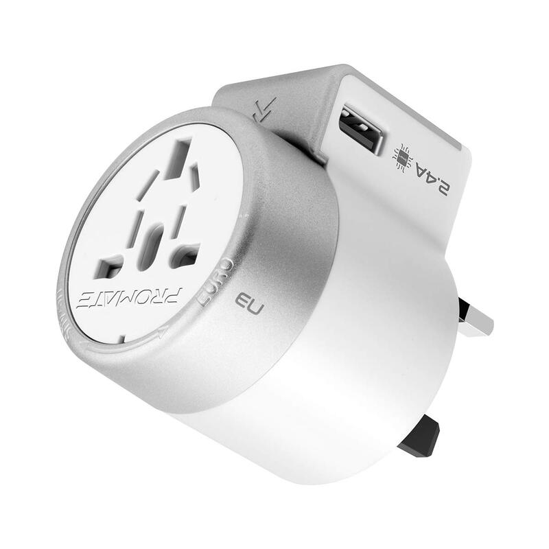 

Promate Universal Travel Power Adapter with 2.4A 12W Dual USB Charging Port and Worldwide AC Wall Outlet Adapter for UK/EU/AU/US, White