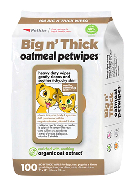 

Petkin Big & Thick Oatmeal Pet Wipes for Cats & Dogs, 100 Pieces, White