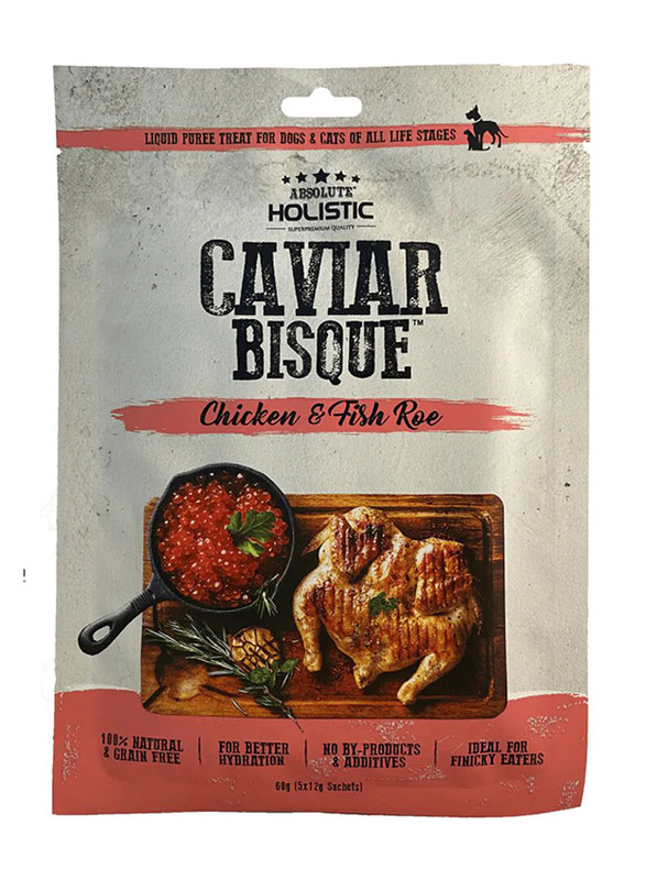 

Absolute Holistic Caviar Bisque Chicken & Fish Roe Flavour Liquid Puree for Finicky Eater Pets Wet Cat & Dog Food, 5 Sachets x 12g
