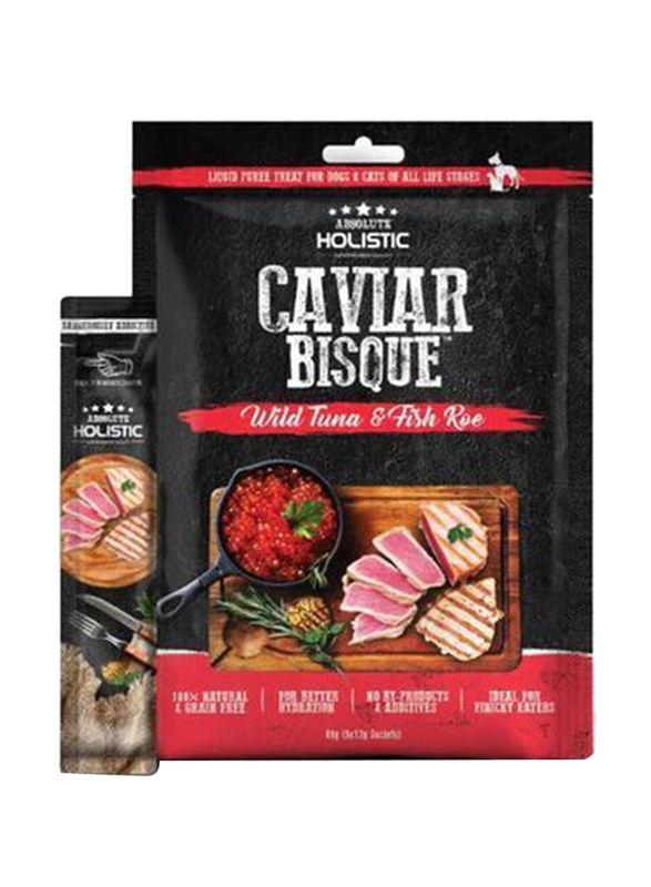 

Absolute Holistic Caviar Bisque Tuna & Fish Roe Flavour Puree Treats for Finicky Eater Pets Wet Cat & Dog Food, 5 Sachets x 12g