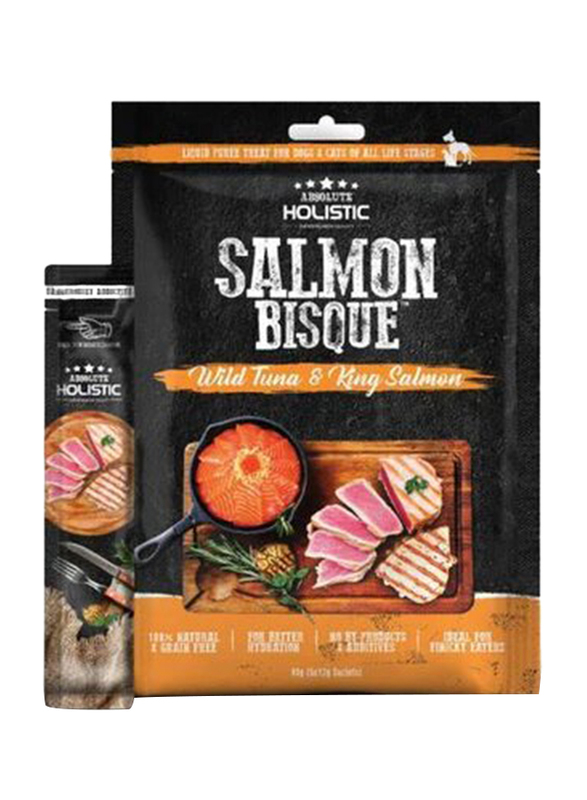 

Absolute Holistic Salmon Bisque Wild Tuna & King Salmon Liquid Puree Treats for Finicky Eater Pets Wet Cat & Dog Food, 5 Sachets x 12g