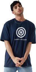The Souled Store Official Marvel Captain America: Super Soldier Printed Oversized T-Shirt for Men, Extra Small, Blue