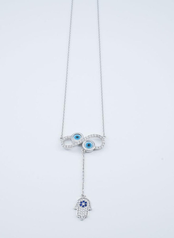 

Vibez Jewelz 925 Sterling Silver Hand of Fathima & Good Luck Eyes Design Diamond Y Necklace