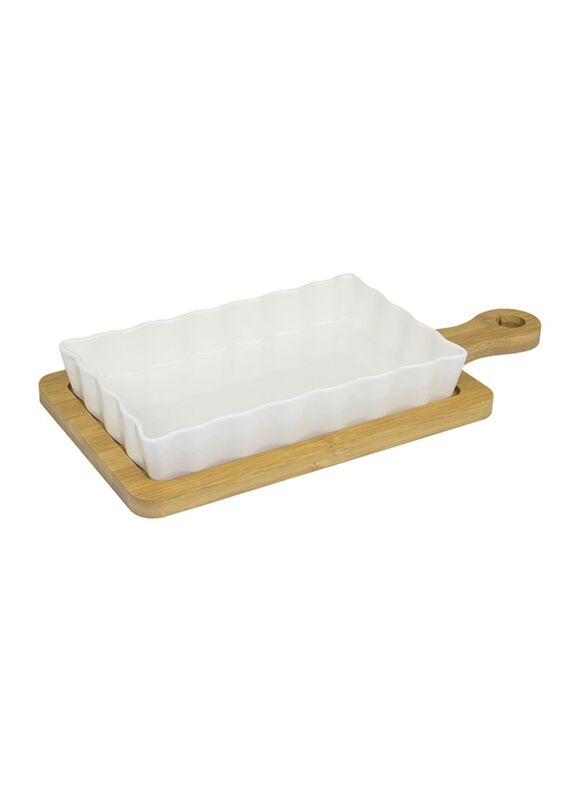 

Generic 33 x 7 x 6cm Ceramic Snack Plate With Bamboo Base, White/Brown