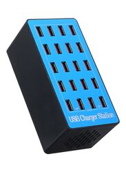 20-Port UK + US + AU + EU Plug USB Fast Charging Power Adapter, Black/Blue