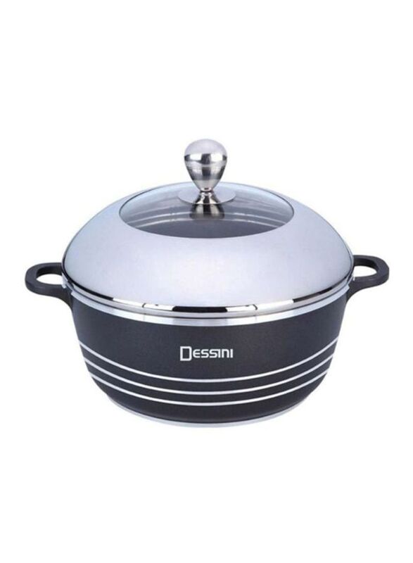 

Dessini 24cm Non-Stick Round Casserole Pot with Lid, Black/Silver/Clear