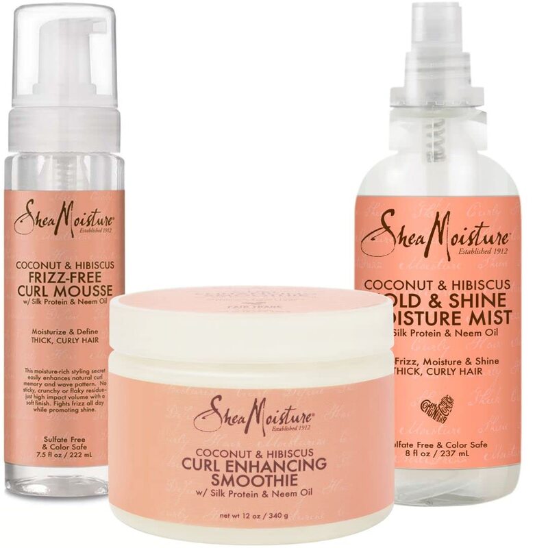 

Shea Moisture Coconut and Hibiscus Daily Moisture Mist, Frizz-Free Curl Mousse and Curl Enhancing Smoothie Cream for All Hair Types, 8oz + 7.5oz + 12o