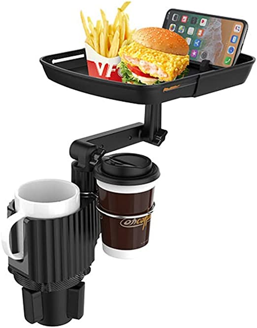 2 in 1 Multifunctional Car Cup Drink Holder, Expander Adjustable Detachable Food Tray, can extend to 9.4x8.3 inch, with flexible silicone phone slot