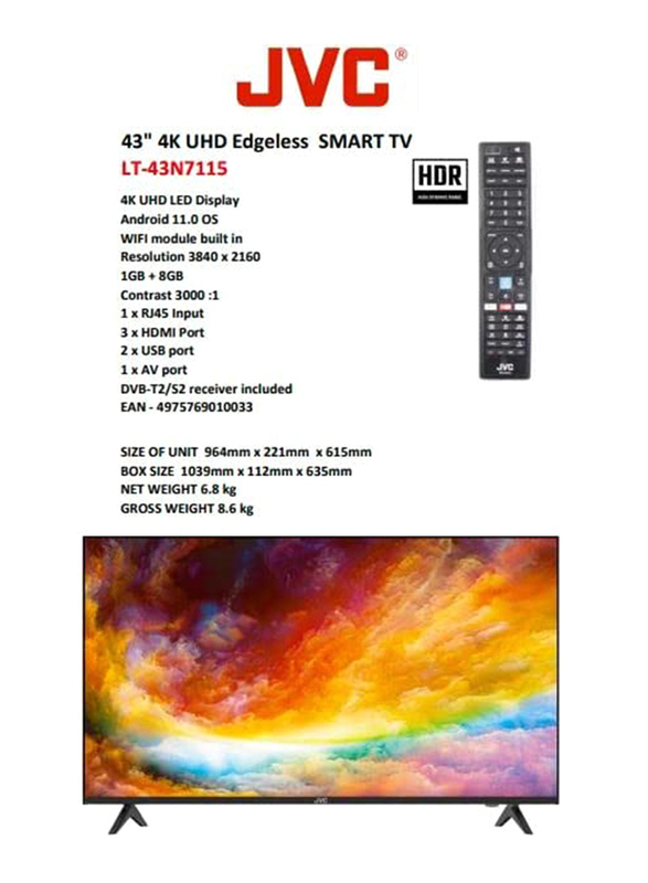 JVC 43 Inch 4K UHD Smart TV, 43N7115, Black