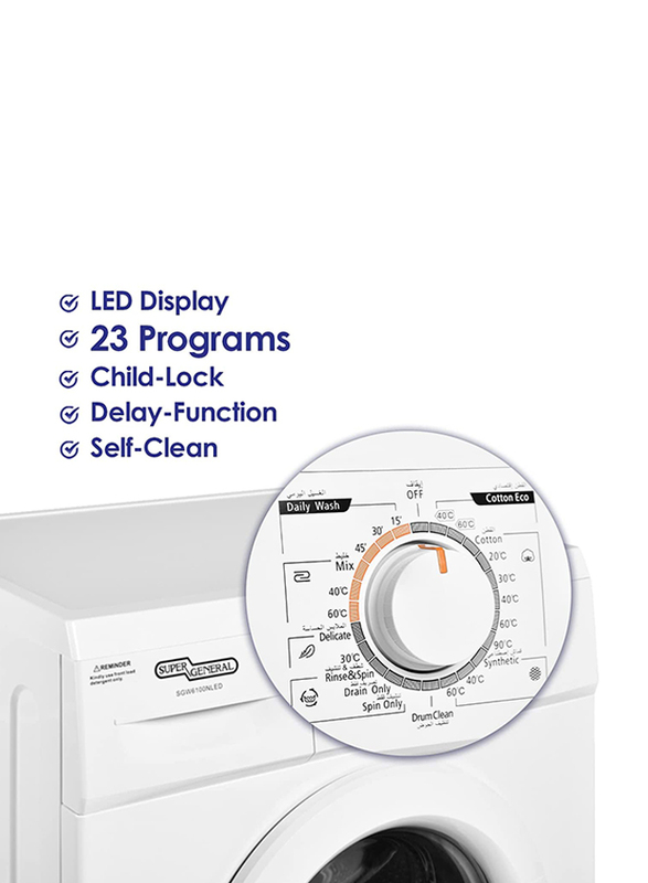 Super General 6Kg Front Loading Washing Machine, 1000 RPM, 6100-NLED, White