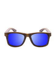 Ocean Glasses Nelson Polarized Full-Rim Square Bamboo Weathered Black Blue and White Arm Frame Sunglasses Unisex, Revo Blue Lens