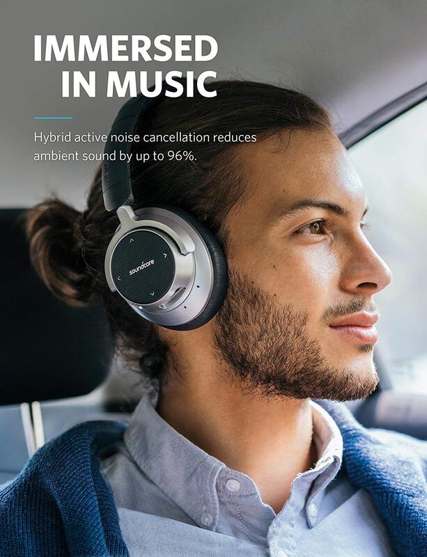 Anker SoundCore Space NC Wireless Bluetooth Over-Ear Noise Cancelling Headset with External Mic, Black/Grey