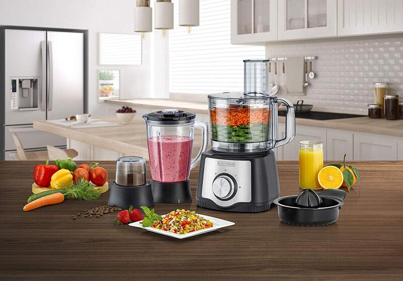 Black+Decker 1.5L 29 Functional Electric Plastic/Stainless Steel Food Processor, 650W, with Blender, Mill and Juicer, FX650-B5, Black/Clear