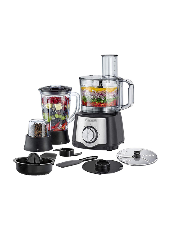 Black+Decker 1.5L 29 Functional Electric Plastic/Stainless Steel Food Processor, 650W, with Blender, Mill and Juicer, FX650-B5, Black/Clear