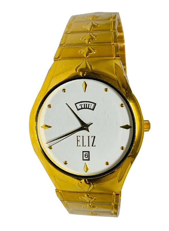 Eliz Analog Watch for Men with Stainless Steel Band, 20-8418G, Gold-White