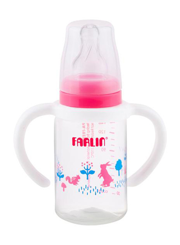 Farlin Pp Standard Neck Feeder Baby Bottle with Handle for Girls, 140ml, Pink/Clear