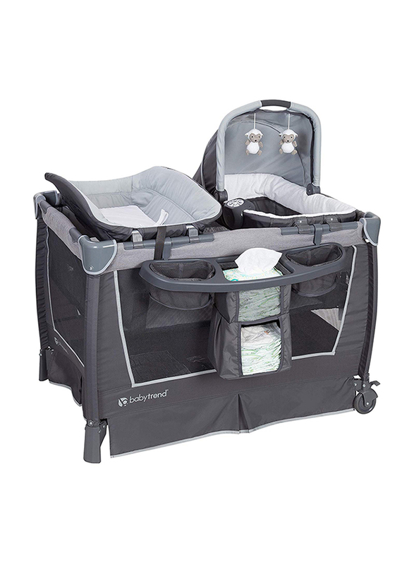Baby Trend Retreat Nursery Center Play Yard with Bassinet, Robin, Grey/Black
