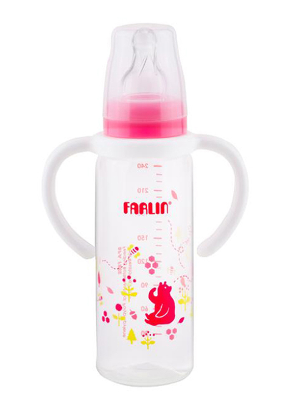 Farlin Pp Standard Neck Feeder Baby Bottle with Handle for Girls, 240ml, Pink/Clear