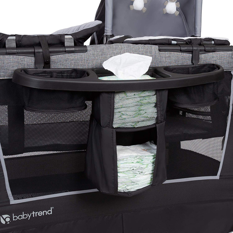 Baby Trend Retreat Twins Nursery Center Play Yard with Bassinet, Quarry, Black/Grey