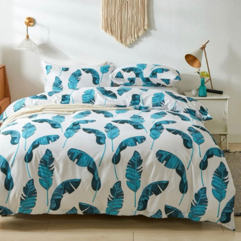 

Luna Home 4-Piece Leaves Design Bedding Set without Filler, 1 Duvet Cover + 1 Fitted Sheet + 2 Pillow Cases, Single, White/Blue