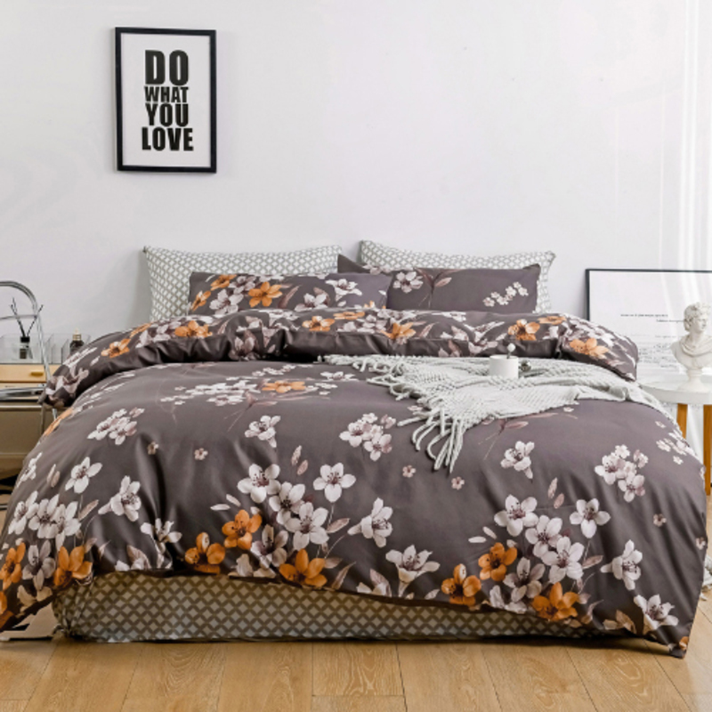 

Luna Home 4-Piece Brown Colour Floral Design Bedding Set without Filler, 1 Duvet Cover + 1 Fitted Sheet + 2 Pillow Cases, Single, Brown