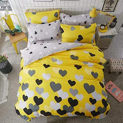 Deals For Less 4-Piece Hearts Design Bedding Set, 1 Duvet Cover + 1 Fitted Bedsheet + 2 Pillow Covers, Yellow/Grey, Single