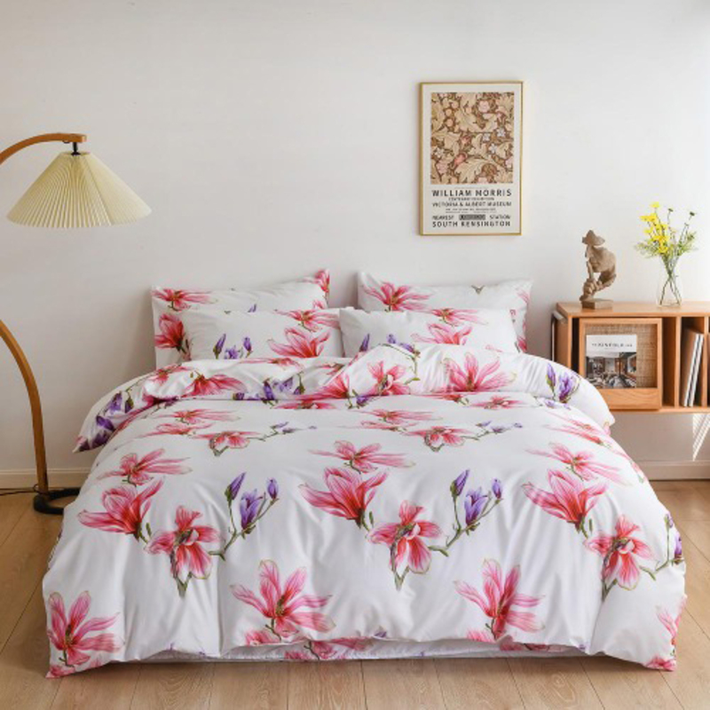 Deals For Less Luna Home 4-Piece Floral Design Bedding Set, 1 Duvet Cover + 1 Fitted Sheet + 2 Pillow Cases, Single, Pink/White