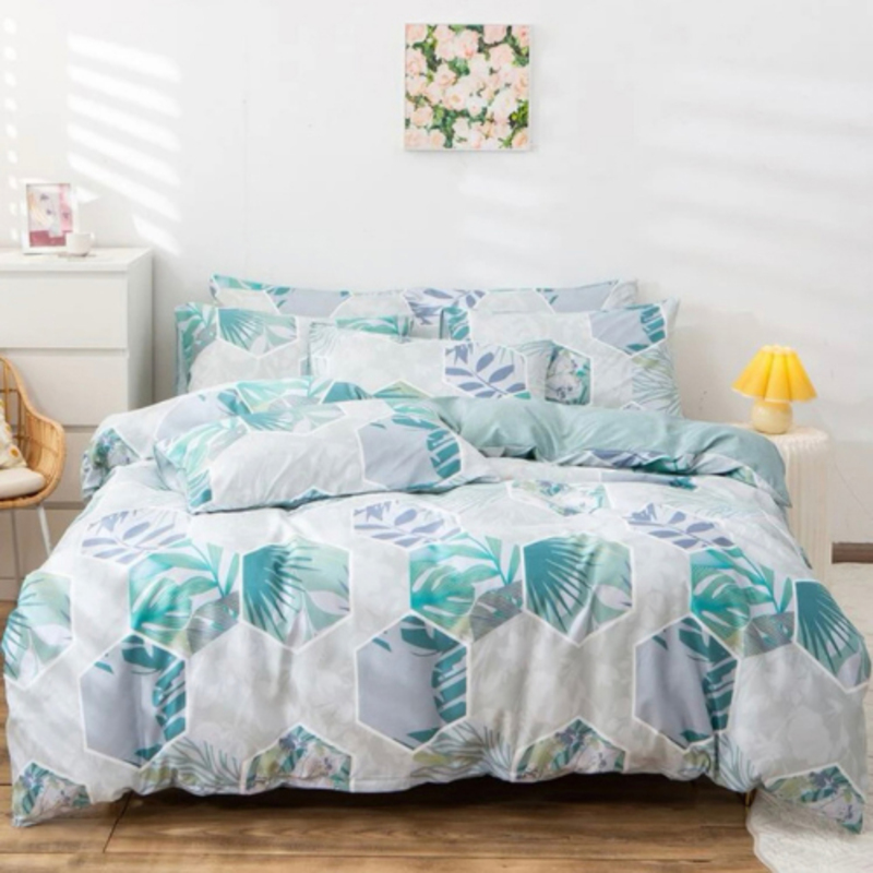 

Luna Home 4-Piece Geometric Leaves Design without Filler Bedding Set, 1 Duvet Cover + 1 Flat sheet + 2 Pillow Covers, Single, Light Blue