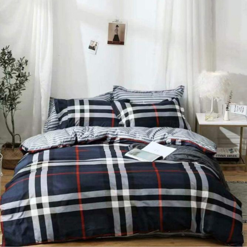 Deals For Less 6-Piece Checkered Design Bedding Set, 1 Duvet Cover + 1 Flat Bedsheet + 4 Pillow Covers, Blue/White, Queen/Double