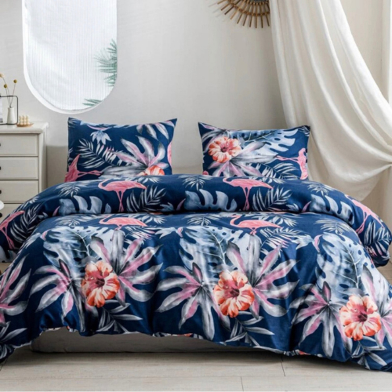 Deals For Less Luna Home 6-Piece Flamingo and Flower Design Bedding Set, Without Filler, 1 Duvet Cover + 1 Flat Sheet + 4 Pillow Cases, Queen/Double, Blue
