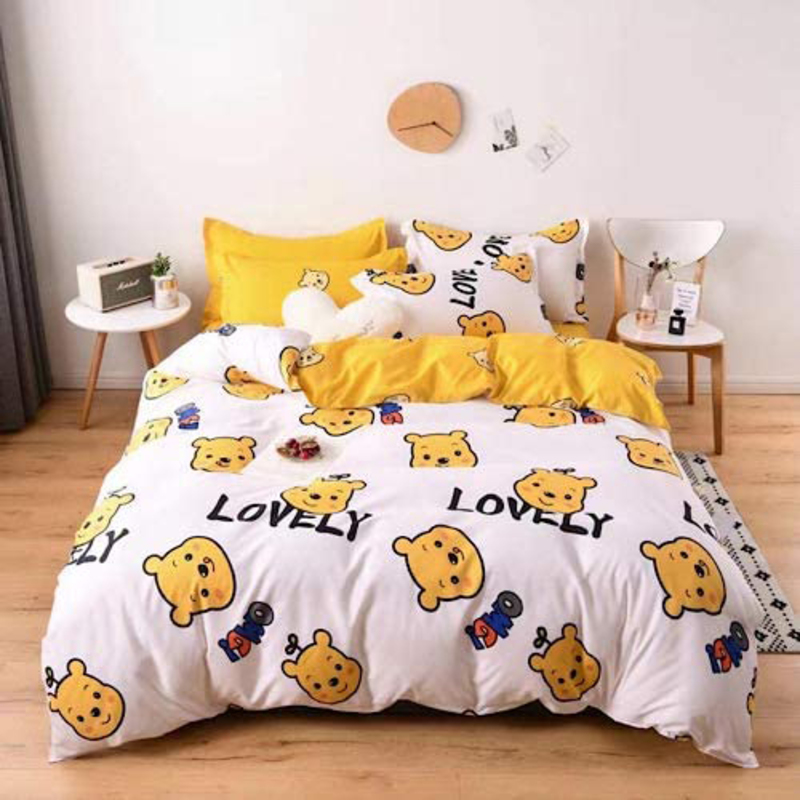 Deals For Less 4-Piece Winnie The Pooh Bear Design Bedding Set, 1 Duvet Cover + 1 Fitted Bedsheet + 2 Pillow Covers, Yellow/White, Single