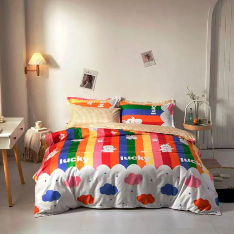 Deals for Less 4-Piece Rainbow Design Duvet Cover Bedding Set, 1 Duvet Cover + 1 Fitted Bedsheet + 2 Pillow Covers, Single, Multicolor