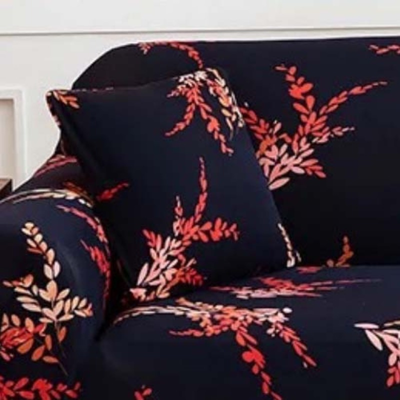 Deals for Less Leaves Printed Stretchable Decorative Cushion Cover, Navy Blue/Pink