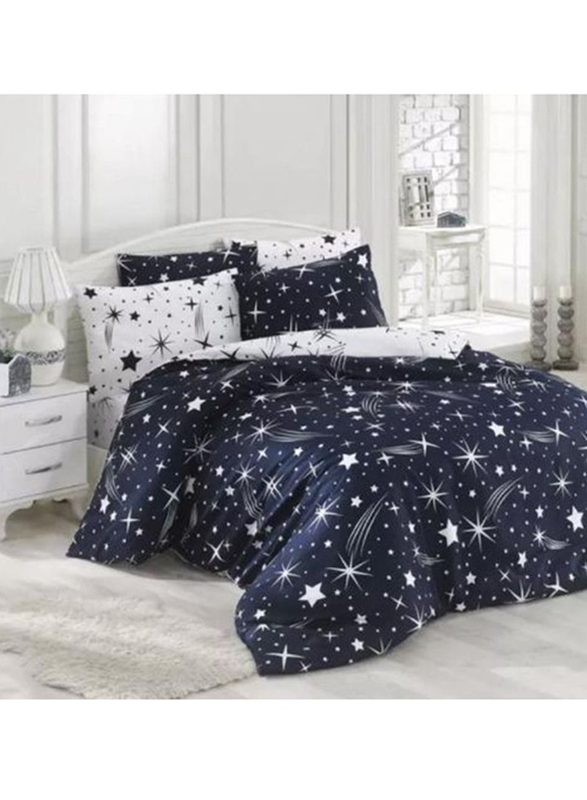 Deals For Less Luna Home 4-Piece Stars Design Duvet Cover Set, 1 Duvet Cover + 1 Fitted Sheet + 2 Pillow Covers, Single, Dark Blue