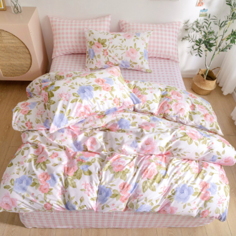 Deals For Less 6-Piece Floral Design Bedding Set, without Filler, 1 Duvet Cover + 1 Fitted Sheet + 4 Pillow Covers, Pink, King