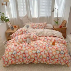 Deals for Less 4-Pieces Hearts Design Bedding Set, 1 Duvet Cover + 1 Fitted Bedsheet + 2 Pillow Covers, Orange, Single