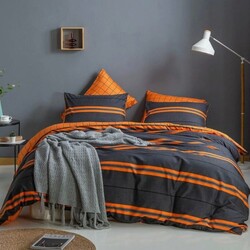 Deals For Less 6-Piece Stripes Design Bedding Set, 1 Duvet Cover + 1 Flat Bedsheet + 4 Pillow Covers, Orange/Grey, Queen/Double