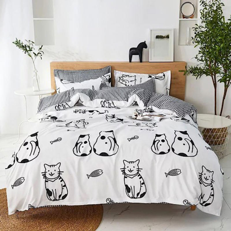 

Deals For Less 4-Piece Cat with Fish Design Bedding Set, 1 Duvet Cover + 1 Fitted Bedsheet + 2 Pillow Covers, Black/White, Single