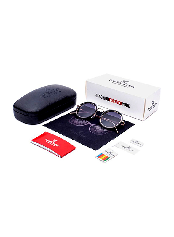 Daniel Klein Polarized Round Full Rim Black Frame Sunglasses for Women, Blue Lens, DK4199C, 50/18/140