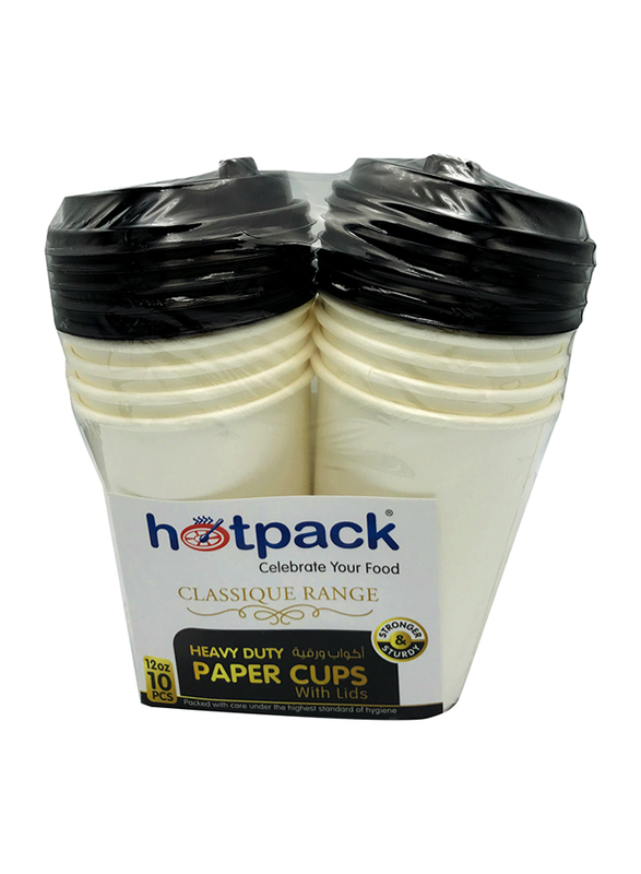 Hotpack 12oz 10-Piece Set Heavy Duty Paper Cup with Lids, Black/White