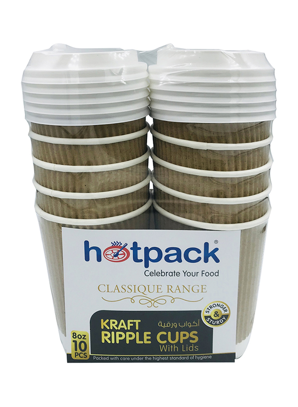 Hotpack 8oz 10-Piece Set Kraft Ripple Paper Cup with Lids, White/Brown