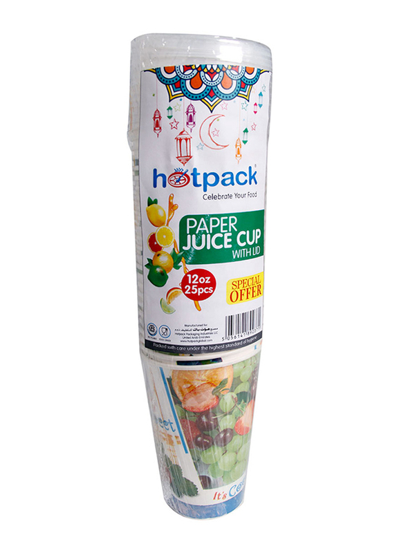 Hotpack 12oz 25-Pieces Paper Juice Cup with Lid, Multicolour