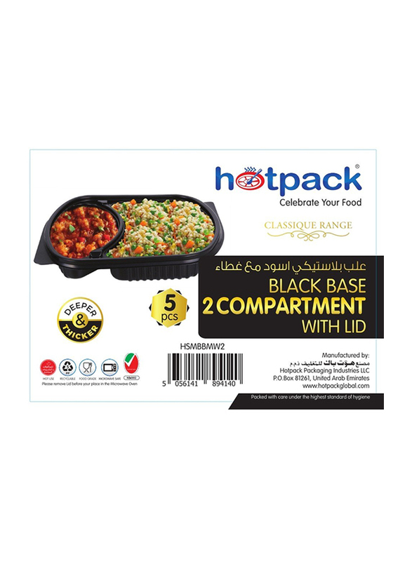 Hotpack 5-Piece Plastic 2 Compartment Base Container with Lids, Black