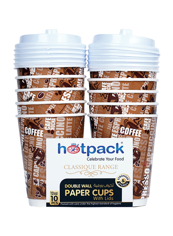 Hotpack 12oz 10-Piece Set Double Wall Paper Cup with Lids, White/Brown