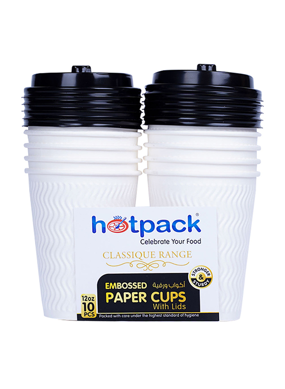 Hotpack 12oz 10-Piece Embossed Paper Cup with Lid Set, HSMEPC12C, White