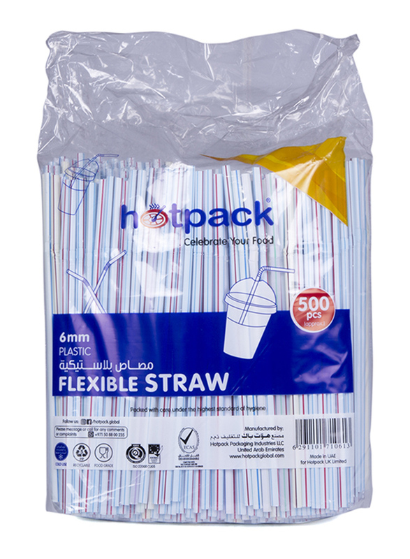 Hotpack 500-Piece 6mm Plastic Flexible Straw, STRAW, Multicolor