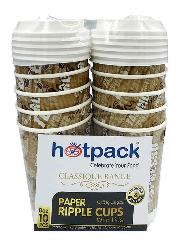Hotpack 8oz 10-Piece Set Printed Ripple Paper Cup with Lids, White/Brown