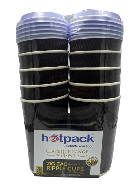 Hotpack 16oz 10-Piece Set Zig Zag Ripple Paper Cup with Lids, Black/White