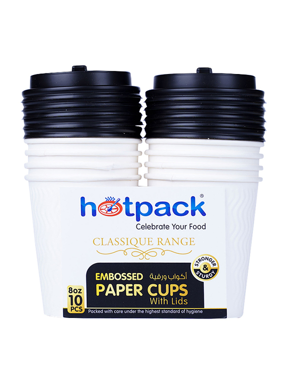 Hotpack 8oz 10-Piece Embossed Paper Cup with Lid Set, HSMEPC8C, White